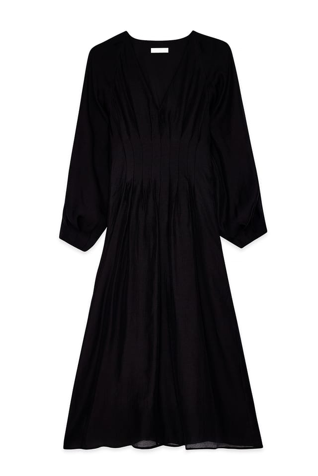 Black Pleated Waist V Neck Midi Dress