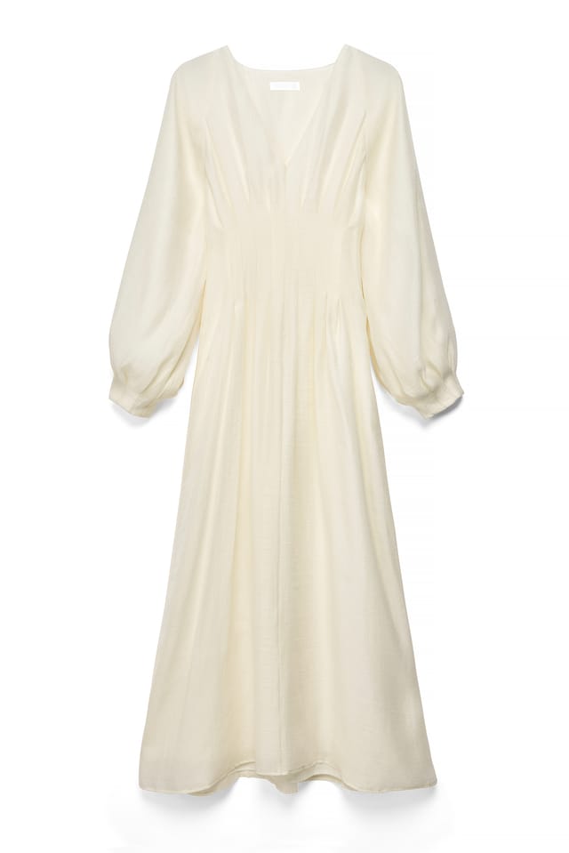 Cream Midi-jurk met plooi in de taille en V-hals
