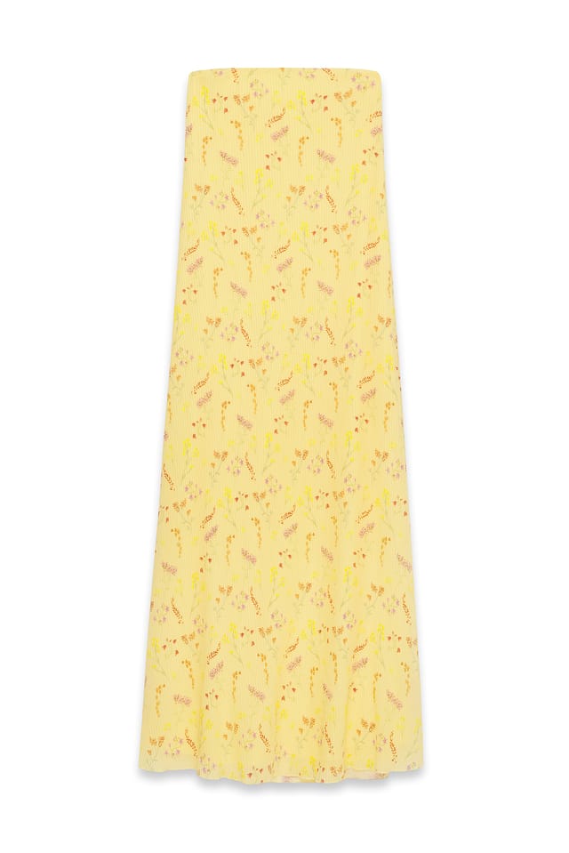 Yellow Flower Print Robe courte tube plissée