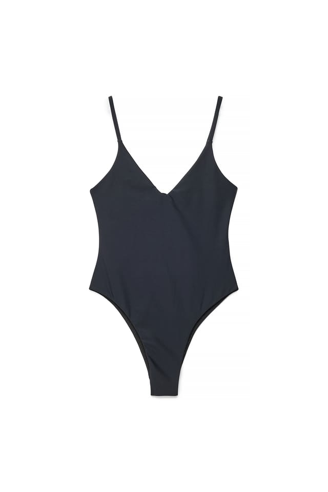 Black Badeanzug mit tiefem Ausschnitt und offenem Rücken