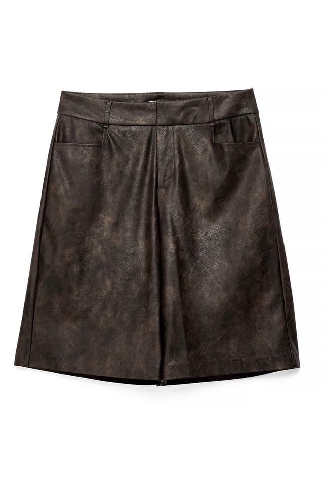 Dark Brown PU Mid Waist Long Shorts