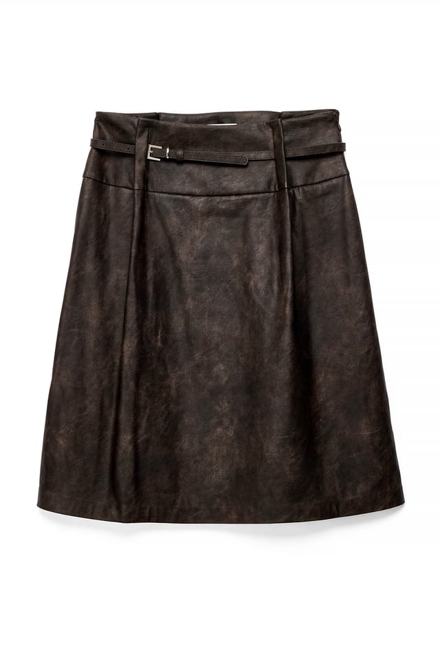 Dark Brown PU Mid Waist Midi Skirt