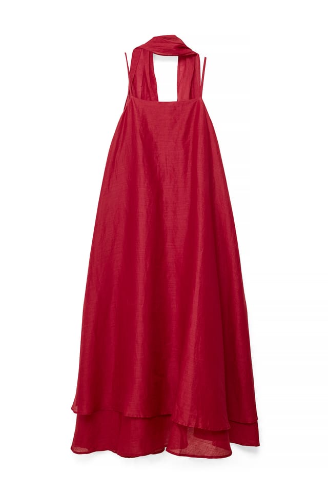 Dark Red Ramie Scarf Detail Midi Dress