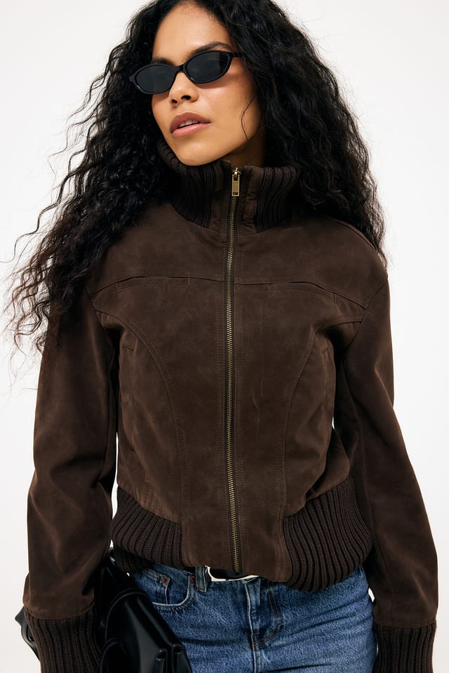 Brown Rib Detail Faux Leather Jacket