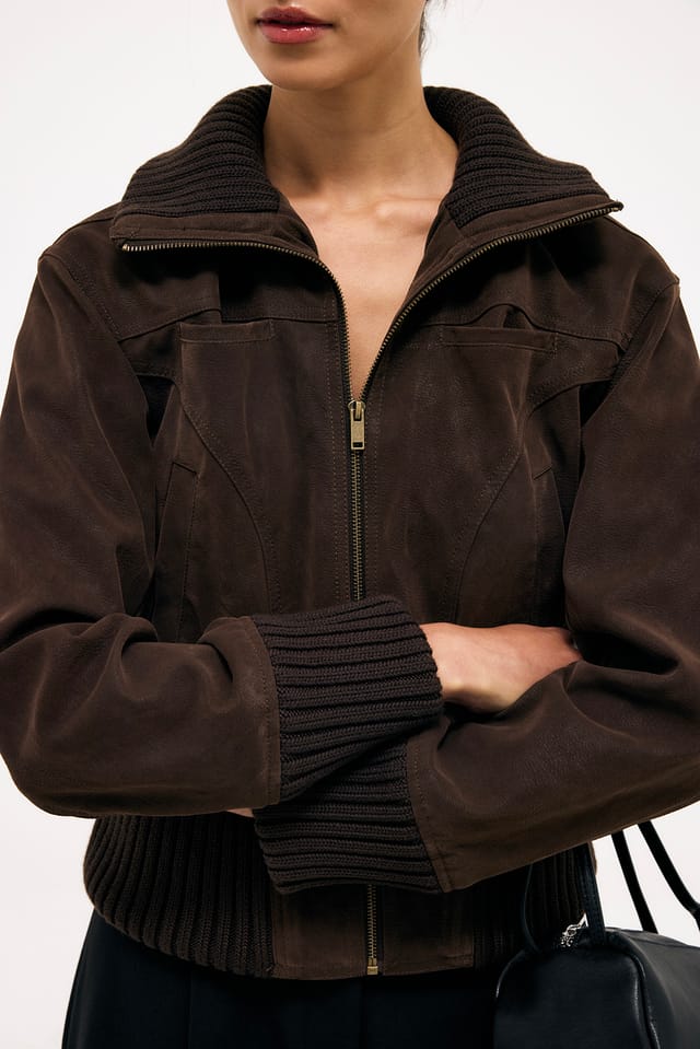 Brown Rib Detail Faux Leather Jacket