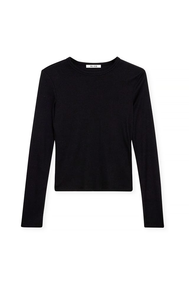 Black Geribde top met lange mouwen en ronde hals