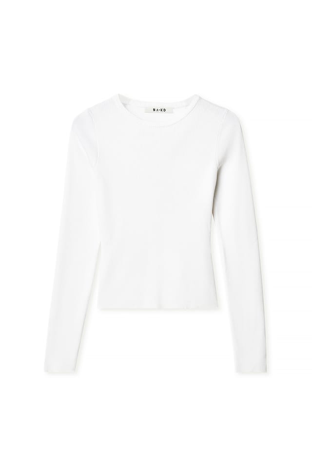 White Ribbed Knitted Round Neck Top