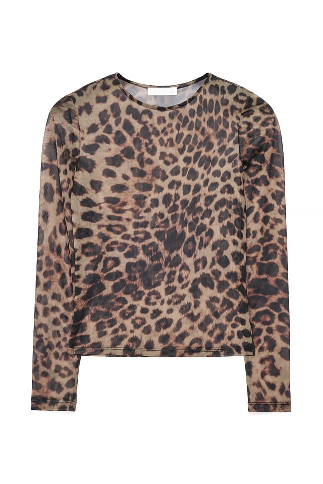 Leopard Åtsittande topp i mesh med rund halsringning