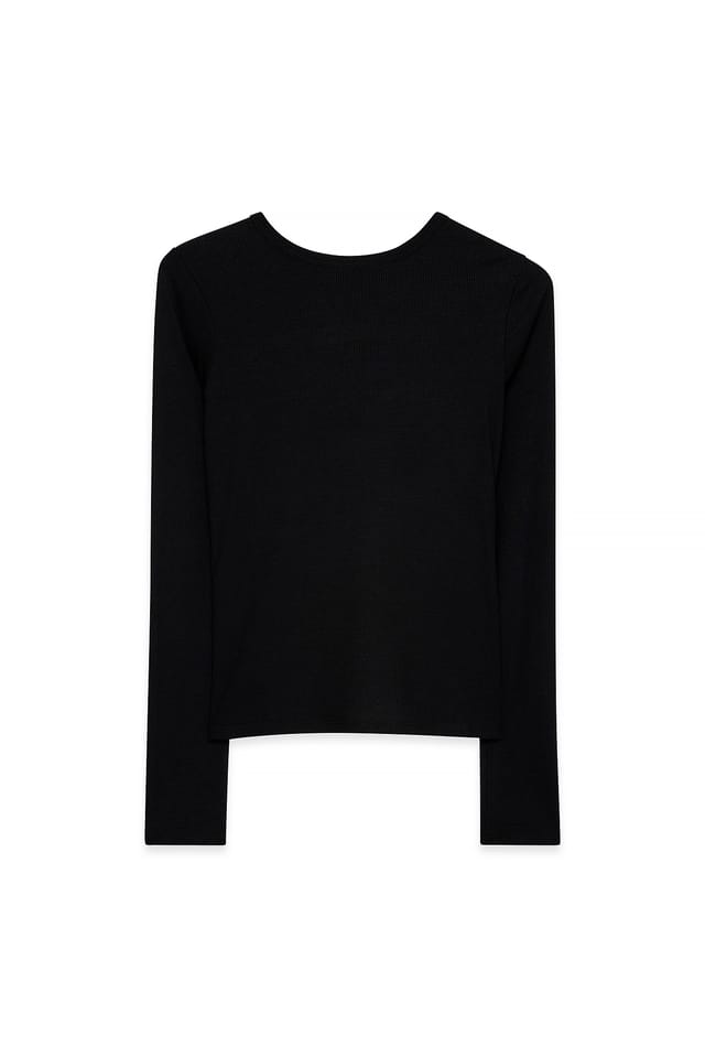 Black Round Neck Rib Long Sleeve Top