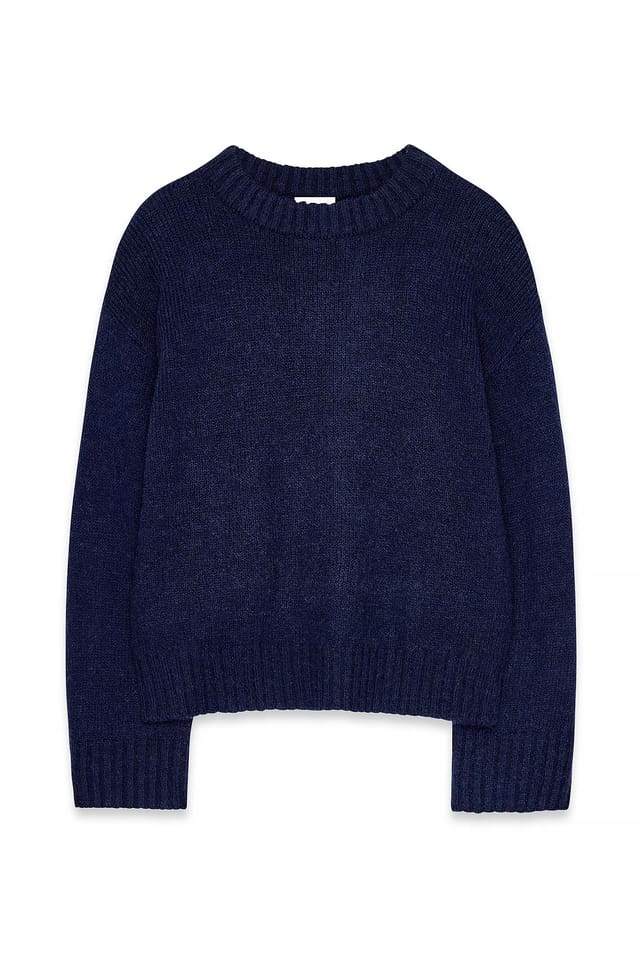 Navy Round Neck Wool Blend Knitted Sweater