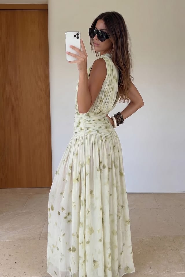 All Over Print Ruched Smock Maxi Dress