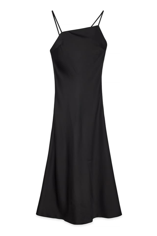 Black Robe mi-longue en satin asymétrique au dos