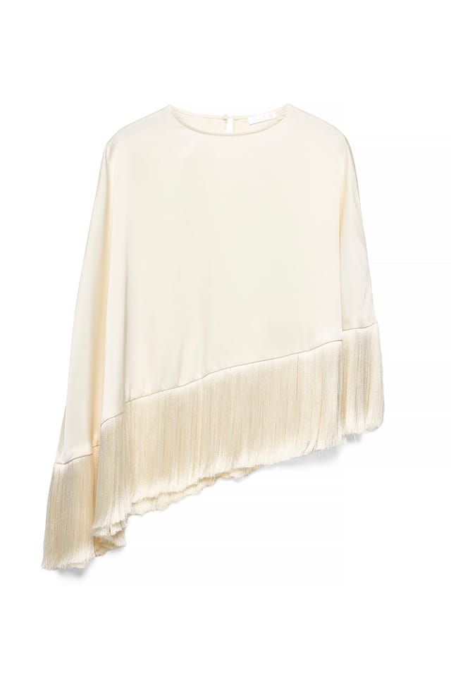 Offwhite Satin Asymmetric Fringe Cape