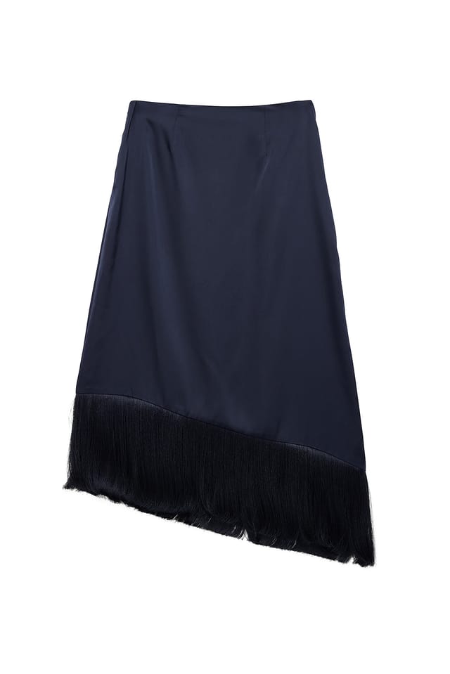 Navy Satin Asymmetric Fringe Midi Skirt