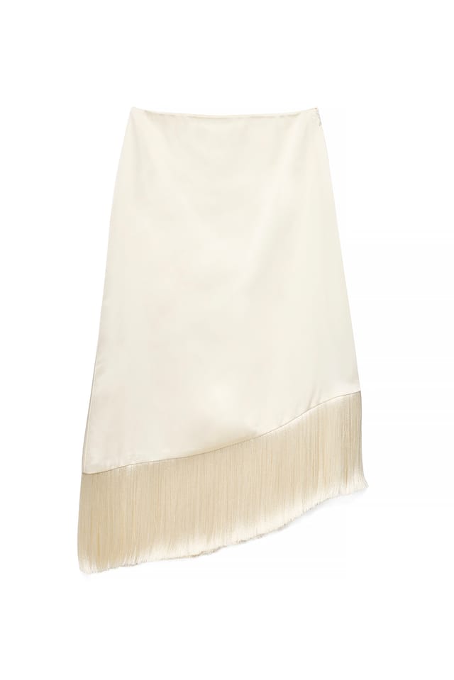 Offwhite Satin Asymmetric Fringe Midi Skirt