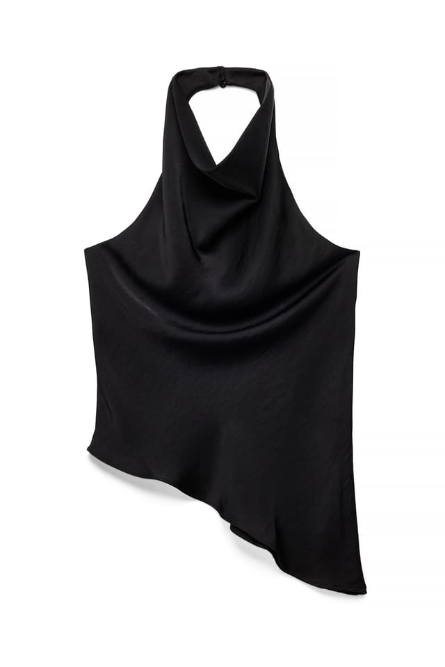 Black Asymmetrisk draperad topp i satin med halterneck