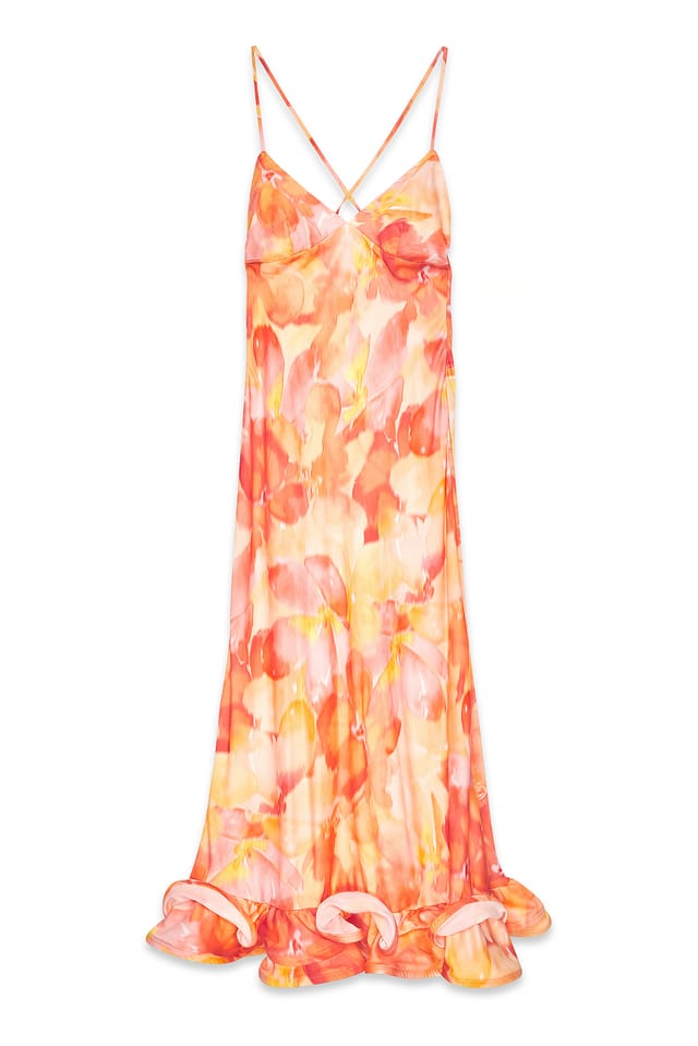 Orange Floral Satin Flounce Hem Maxi Dress