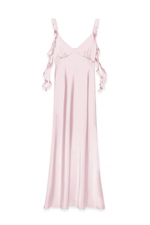 Light Pink Midiklänning i satin med ryschade axlar