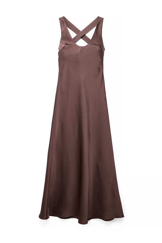 Brown Satin Scoop Neck Scarf Maxi Dress
