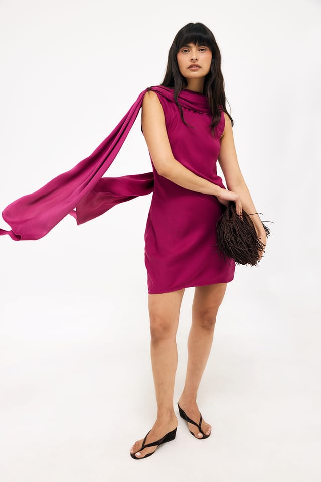 Fuchsia Pink Scarf Detail Satin Mini Dress