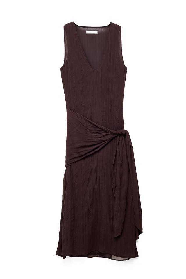 Brown Scoop Neck Scarf Tie Midi Dress