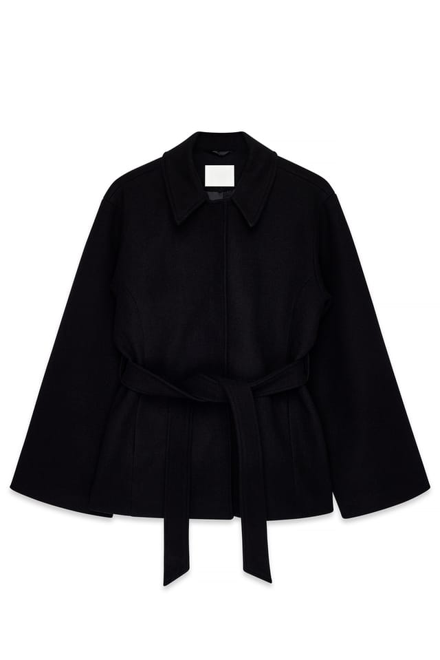 Black Seam Detail Belted Short Coat