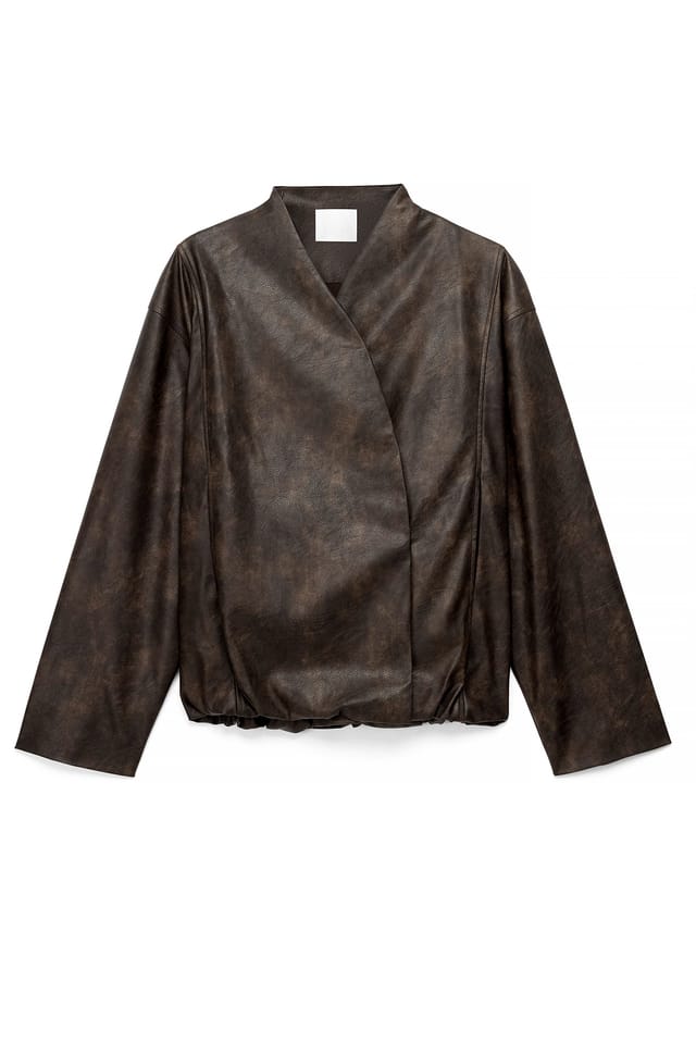 Dark Brown Short Overlap Detail PU Jacket