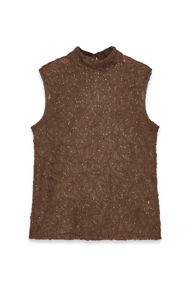 Brown Sleeveless Lace Top