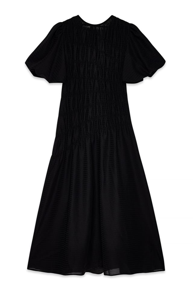 Black Smock Detail Puff Sleeve Midi Dress