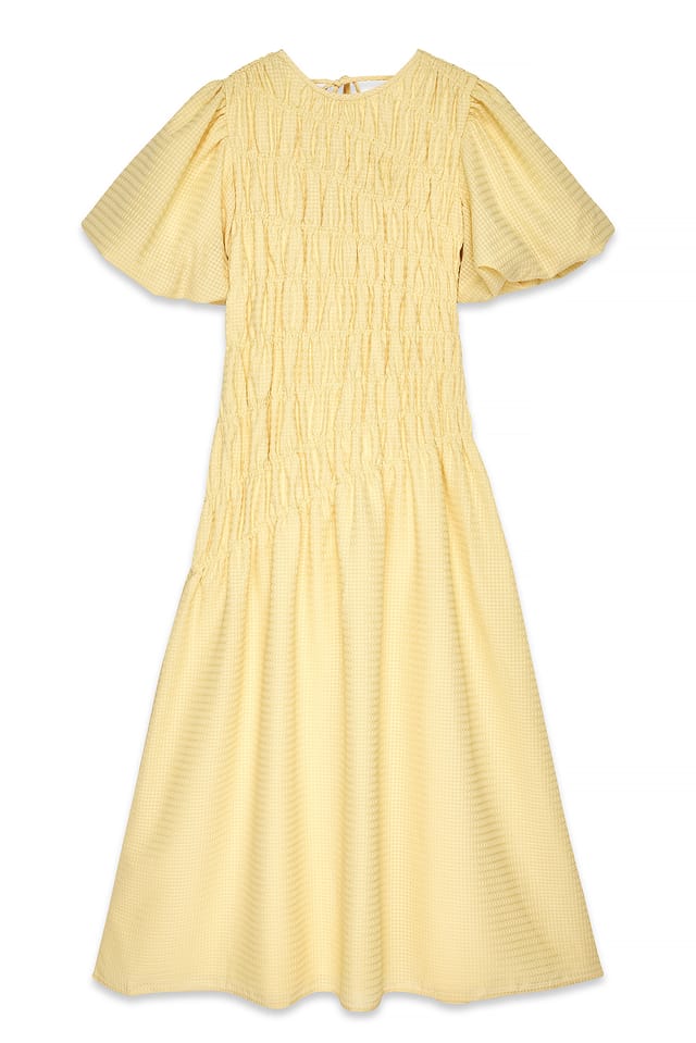 Light Yellow Midikleid mit Smockdetail und Puffärmeln