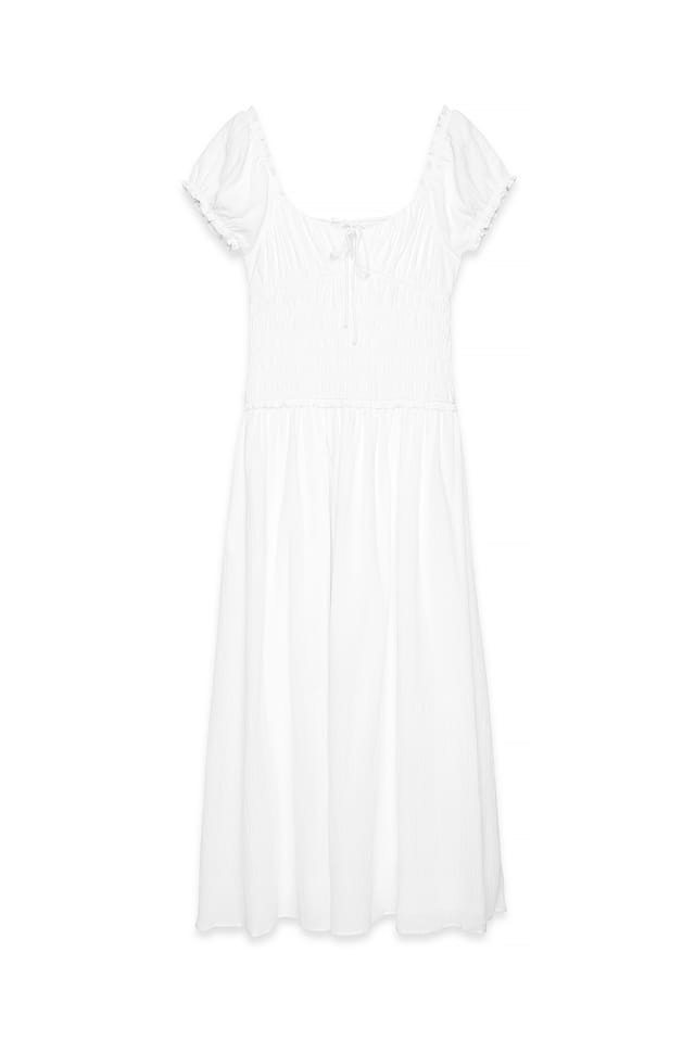 White Smocked Short Sleeve Maxi Dress