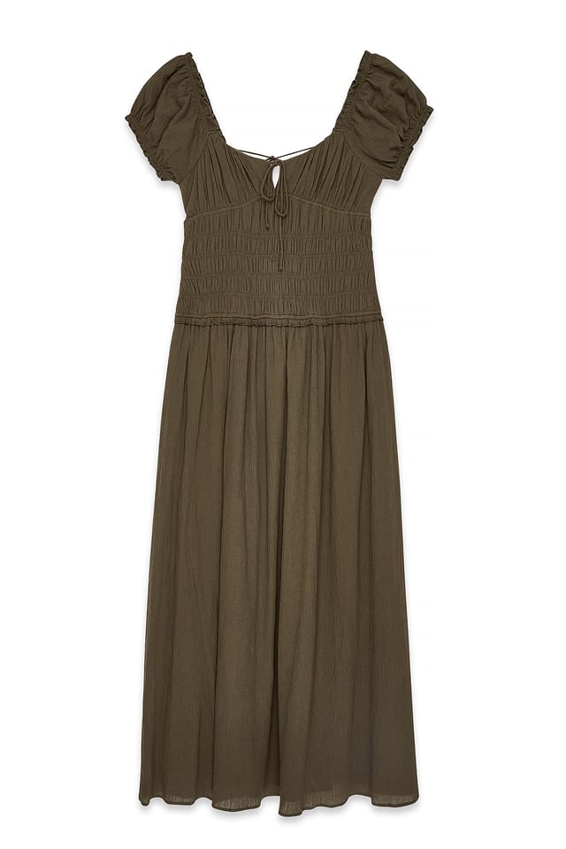 Khaki Smocked Short Sleeve Maxi Dress