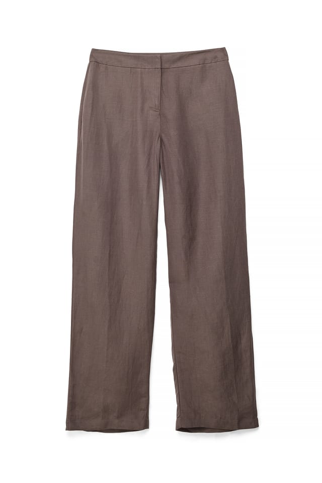 Dark Brown Pantalon droit en lin mélangé