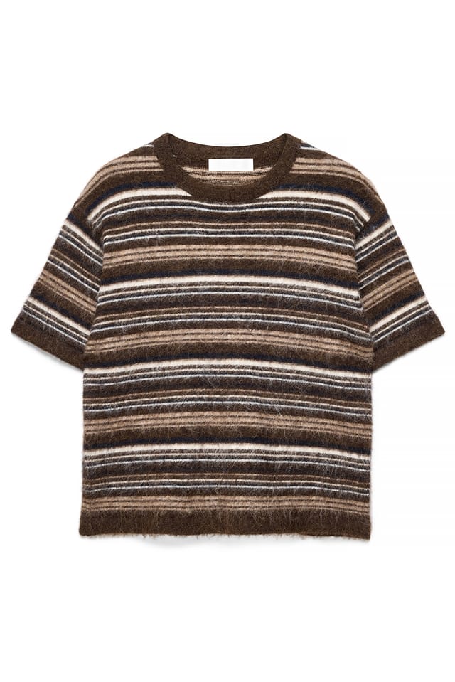 Brown Stripe Top rayé en maille à manches courtes