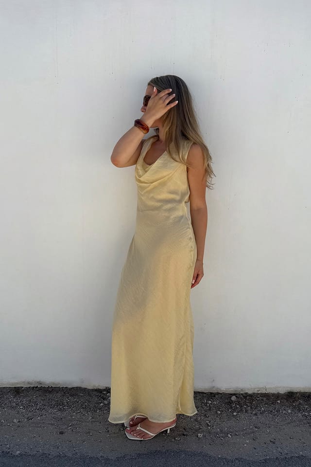 Light Yellow Tencel Crinkle Waterfall Midi Dress