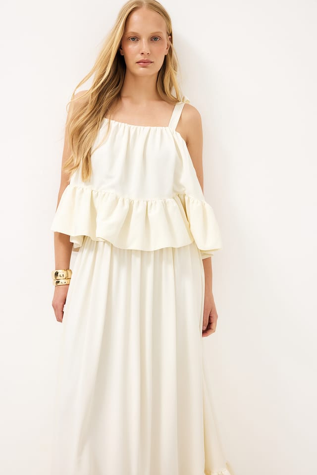 Cream Tie Shoulder Ruffle Top
