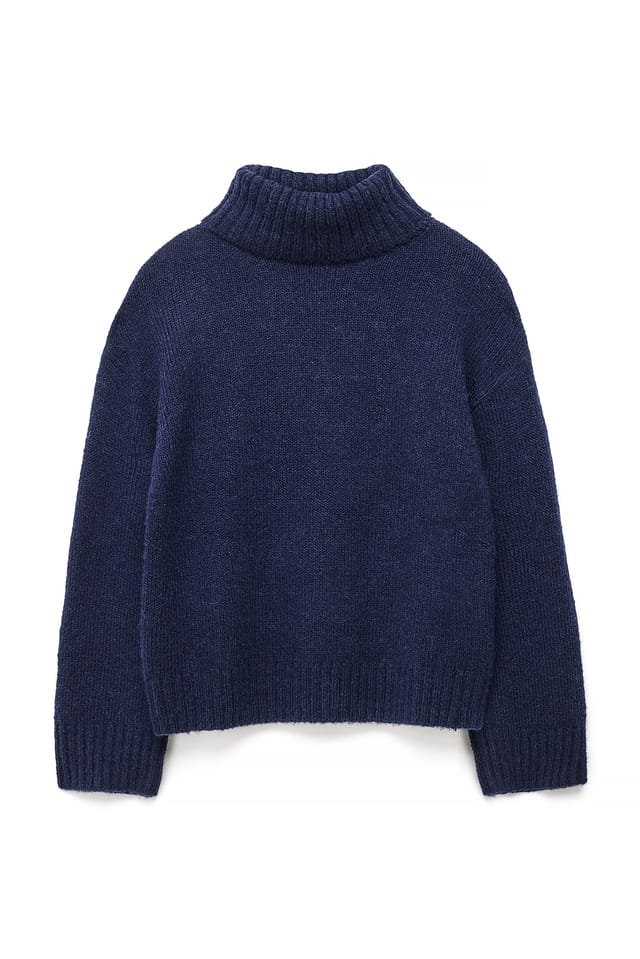 Navy Turtle Neck Wool Blend Knitted Sweater