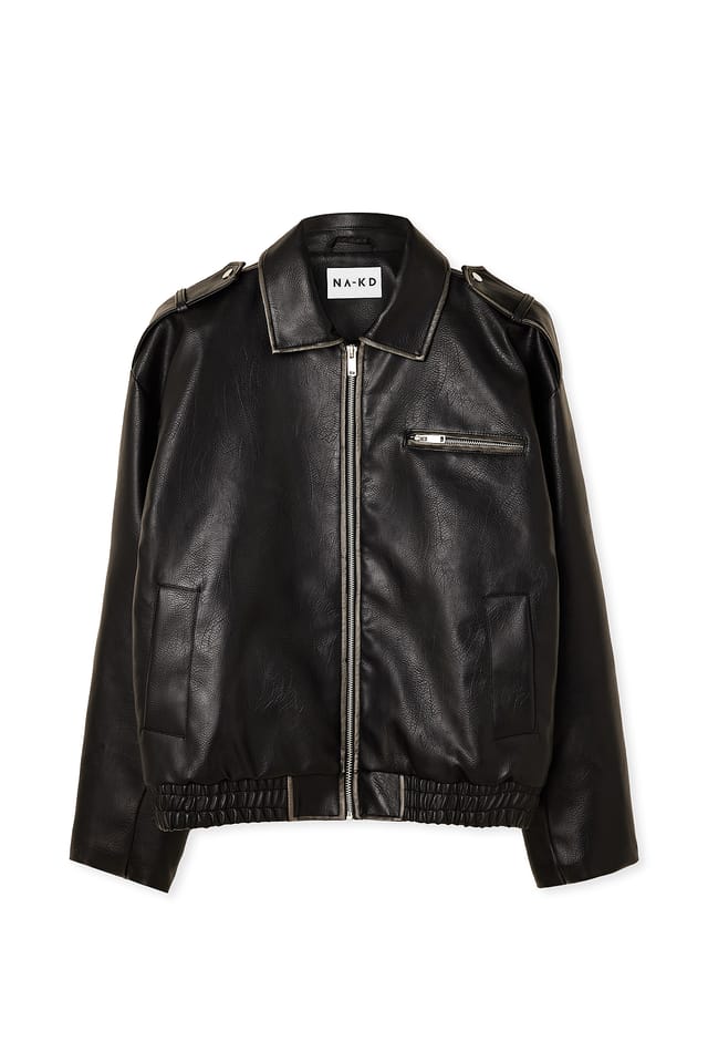 Black Washed Out Pu Bomber Jacket