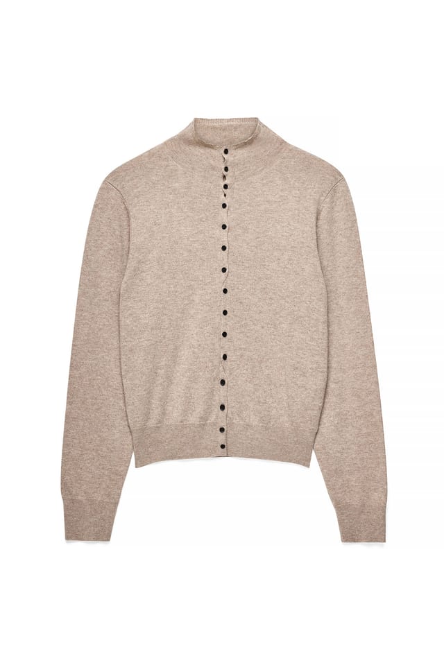 Beige Melange Wellenförmiger Knopf Strickcardigan