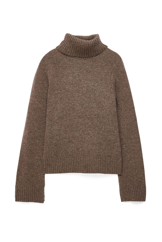 Brown Wool Knitted Sleeve Slit Sweater