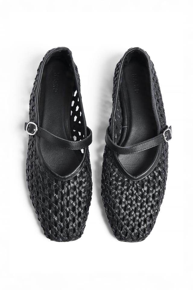 Black Woven Leather Ballerinas