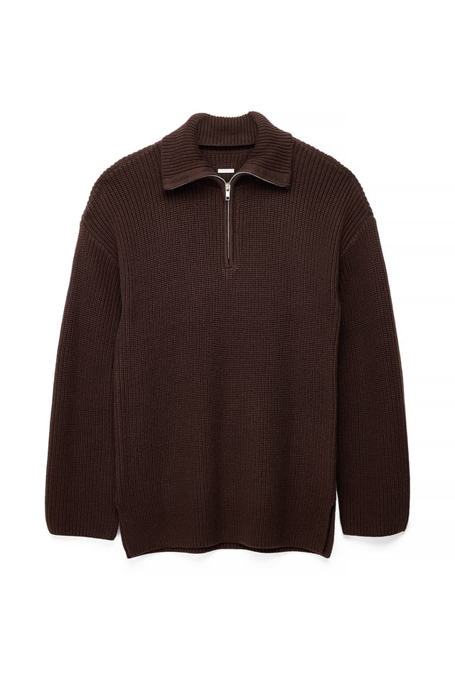 Dark Brown Zipper Detailed Long Knitted Sweater