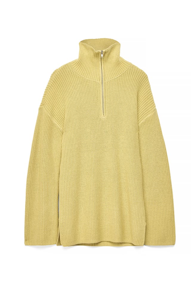 Dusty Yellow Zipper Detailed Long Knitted Sweater