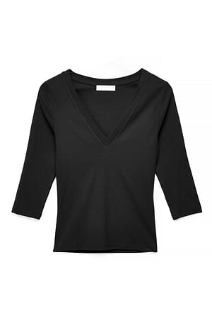 Black 3/4 V-Ausschnitt Jersey-Oberteil