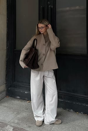 Beige Wool Blend High Neck Short Coat