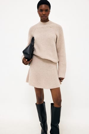 Beige Melange Alpaca Blend Flared Knitted Mini Skirt