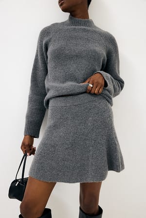 Grey Melange Alpaca Blend Flared Knitted Mini Skirt