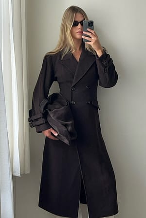 Dark Brown Manteau Maxi Marqué à la Taille