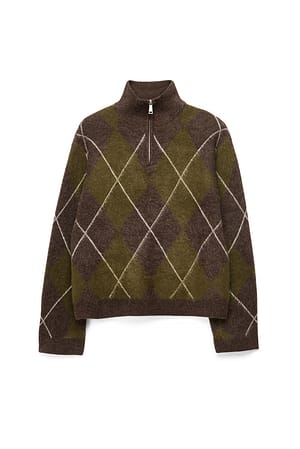 Check Argyle Zip Detail Knitted Sweater