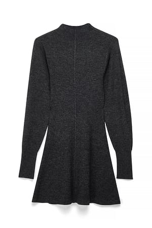 Grey Melange Balloon Sleeve Knitted Turtleneck Dress